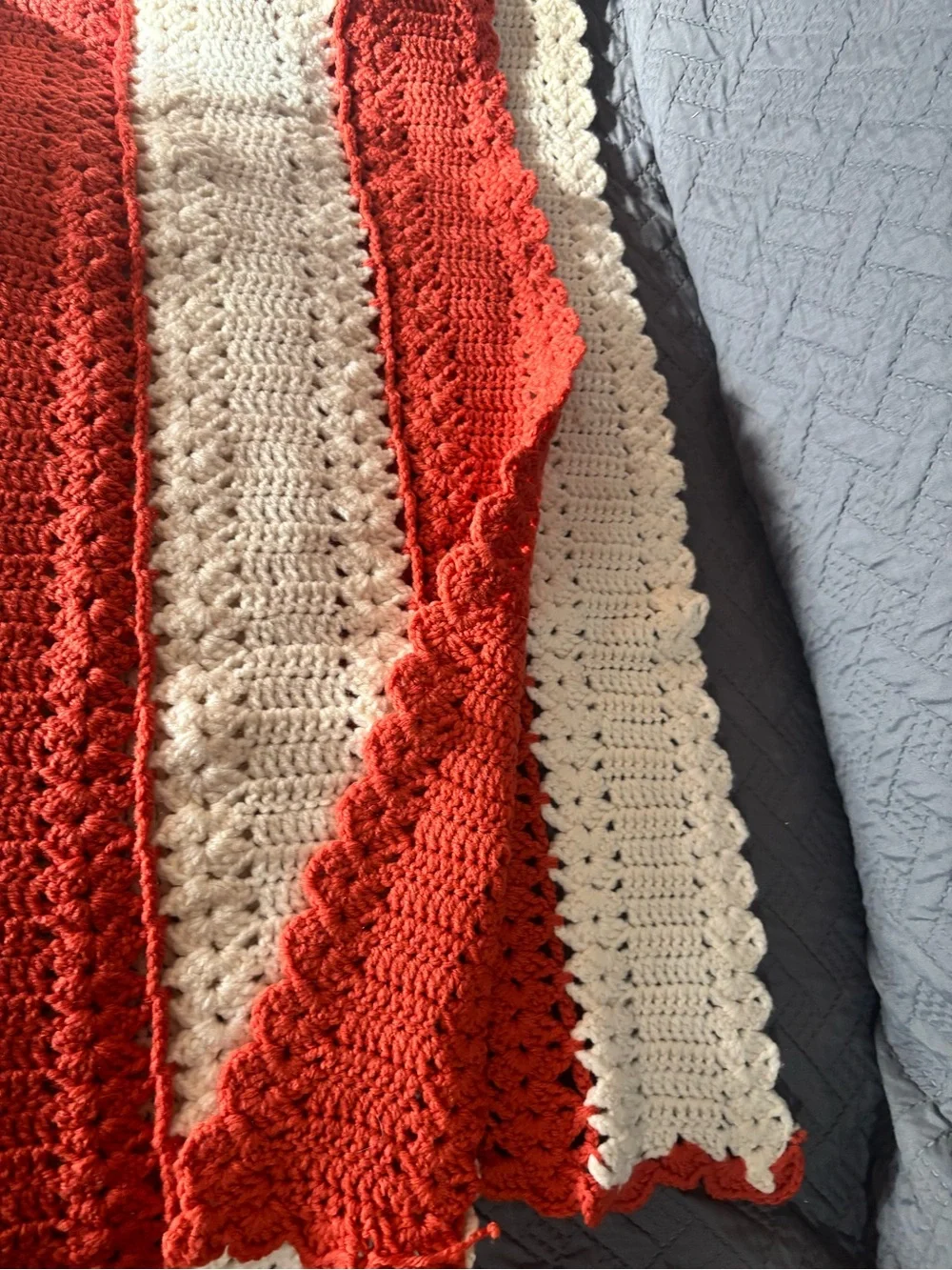 Hand-Crocheted Coral and Cream Stripe Throw Blanket